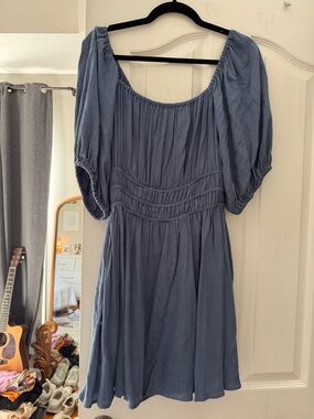 Women’s Dusty Blue Puff-Sleeve Smocked Mini Dress